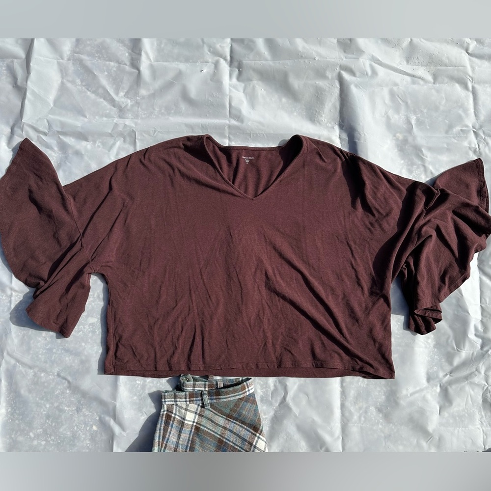 GUC Garnet Hill Brown V-Neck boxy fluttered sleeve top